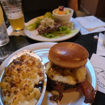 Morgan's Tavern & Grill - Hawaiian barbecue burger with macaroni and cheese. In back, black and blue bunless burger with fruit cup - Seafood Near Me - New Bern, North Carolina Morgan's Tavern & Grill - Hawaiian barbecue burger with macaroni and cheese. In back, black and blue bunless burger with fruit cup - Seafood Near Me - New Bern, North Carolina