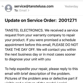 Tanstel Electronics - Email they sent THE MORNING OF THE "appointment". Never called or emailed back. - Electronics Repair Near Me - Duluth, Georgia