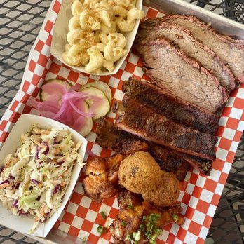 Moab Spitfire Smokehouse - 3 Meat Platter with Tri tip, Ribs, Honey Garlic Wings, Poppyseed Cole Slaw, and Mac & Cheese. - Barbeque Near Me - Moab, Utah Moab Spitfire Smokehouse - 3 Meat Platter with Tri tip, Ribs, Honey Garlic Wings, Poppyseed Cole Slaw, and Mac & Cheese. - Barbeque Near Me - Moab, Utah