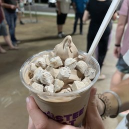 Twistee with chocolate ice cream, cookie dough, and brownie Twistee with chocolate ice cream, cookie dough, and brownie