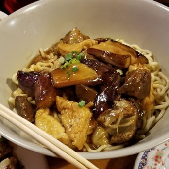 Davis Noodle City - I think my brother created this dish ordering the eggplant over noodles but with tofu and 5 spice beef. Look at the size of the bowl. - Taiwanese Near Me - Davis, California Davis Noodle City - I think my brother created this dish ordering the eggplant over noodles but with tofu and 5 spice beef. Look at the size of the bowl. - Taiwanese Near Me - Davis, California