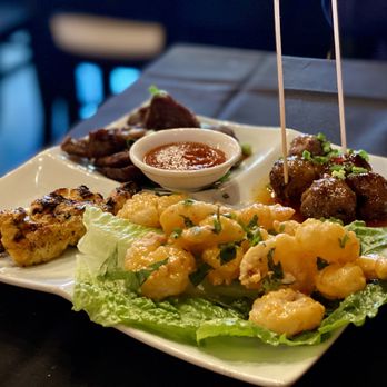 Songkran Thai Kitchen - appetizer sampler (beef, meatballs, shrimp, and satay) - Thai Near Me - Houston, Texas