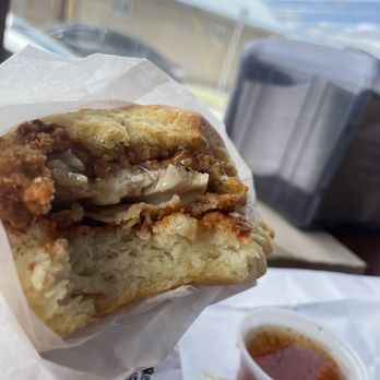 Bird Bird Biscuit - Chicken Queen Beak Sandwich, extra hot honey on side - Breakfast & Brunch Near Me - Austin, Texas