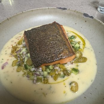 Manuela - Pan Roasted Wild King Salmon, Serrano Lebne, Sungolds, Guindilla Pepper, Purple Shiso - New American Near Me - Los Angeles, California Manuela - Pan Roasted Wild King Salmon, Serrano Lebne, Sungolds, Guindilla Pepper, Purple Shiso - New American Near Me - Los Angeles, California