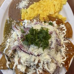 Chilaquiles with half red and green salsa