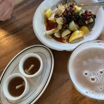 Grá - Mushroom broth, cucumber salad & and a beer! - Pizza Near Me - Los Angeles, California Grá - Mushroom broth, cucumber salad & and a beer! - Pizza Near Me - Los Angeles, California