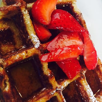 The Peach Cafe - Waffle with strawberry!!! - New American Near Me - Monrovia, California The Peach Cafe - Waffle with strawberry!!! - New American Near Me - Monrovia, California