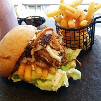 St Rose - The Pulled Lamb Burger with aioli, lettuce, crispy onion strings and a side of chips. - Cafes Near Me - Essendon, VIC St Rose - The Pulled Lamb Burger with aioli, lettuce, crispy onion strings and a side of chips. - Cafes Near Me - Essendon, VIC