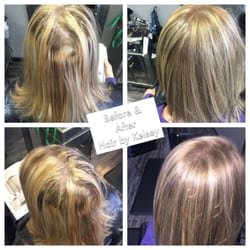 Salon Zara - Before: unprofessional attempt at highlights. After: fix by Kelsey!