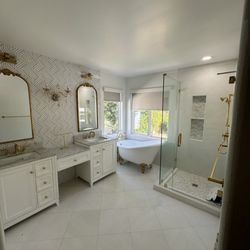 Friendly Remodeling - Complete master bathroom, remodeling, custom vanity floors, wall tile floor tile, relocating tub, and shower