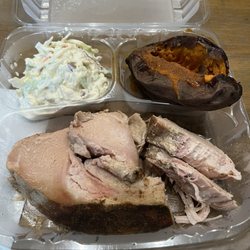 Legacy BBQ - Turkey plate, served with small sweet potato, coleslaw, and (not pictured) cornbread muffin. Their meats are so tasty!!!
