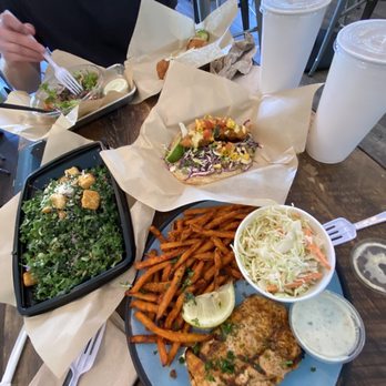 Fish District - Kale Salad, Coastal Style Cod taco, Salmon Plate - Fish & Chips Near Me - Solana Beach, California