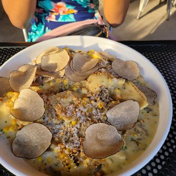 Prescott's Provisions - Roasted corn ravioli with sage is age mushrooms and truffles on top - New American Near Me - Tonawanda, New York