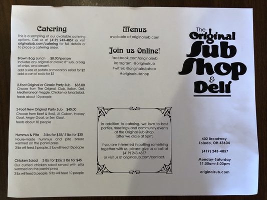 Menu photo 2 Original Sub Shop & Deli Toledo, OH