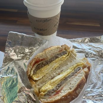 Roller Coasta Coffee - Sausage, egg, and cheese sandwich + rainbow cookie latte. - Coffee & Tea Near Me - Farmingville, New York