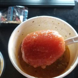 today's soup of the day is meatball soup if you take it to go we'll throw in a whole tomato at no charge