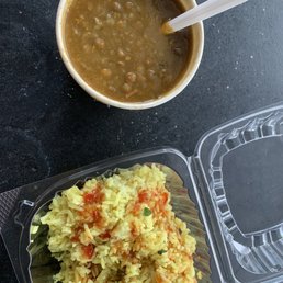 Lentil soup with rice & coconut rice with chick peas, drizzled with sweet chili sauce! Lentil soup with rice & coconut rice with chick peas, drizzled with sweet chili sauce!