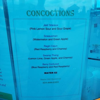Bayou Chill Shaved Ice - a menu on a bus - Food Trucks Near Me - Aurora, Illinois
