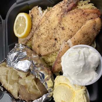 Slab Daddy's BBQ Catering - Smoked Tilapia with rice pilaf and baked potato - Barbeque Near Me - Spring Mill, Kentucky Slab Daddy's BBQ Catering - Smoked Tilapia with rice pilaf and baked potato - Barbeque Near Me - Spring Mill, Kentucky