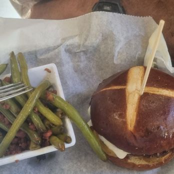 The Rail Yard Bar and Grill - Pretzel burger with green beans. - Breakfast & Brunch Near Me - Dieterich, Illinois The Rail Yard Bar and Grill - Pretzel burger with green beans. - Breakfast & Brunch Near Me - Dieterich, Illinois
