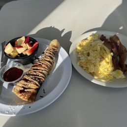 Norwegian pancakes and eggs and bacon