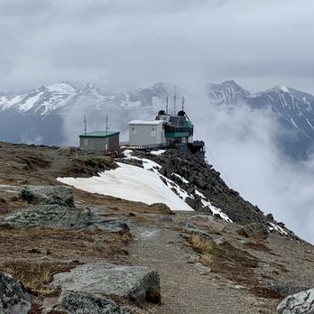 Jasper SkyTram - Looking down on the skytram area while hiking to the summit of Whistler Mountain. - Hiking Near Me - Jasper, Alberta