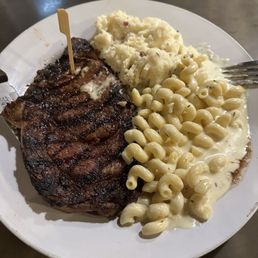 Steak, mashed potatoes, and some of the best mac n cheese I've ever had.