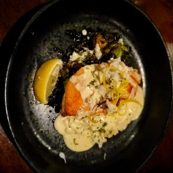 Tidal Raves - Salmon with crab, risotto & Brussel sprouts - New American Near Me - Depoe Bay, Oregon