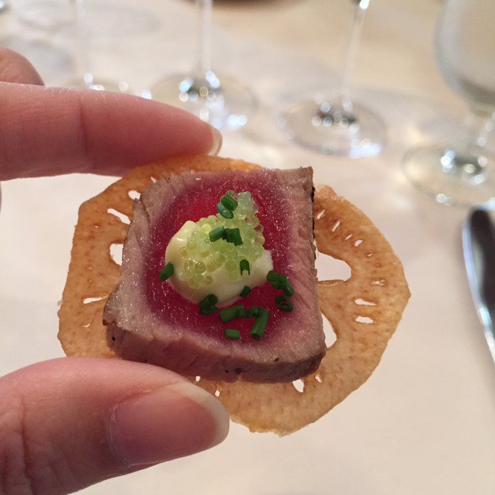 Napa Valley Catering - Seared Ahi Tuna on a Lotus Root Chip topped with Wasabi Aioli - Caterers Near Me - Napa, California
