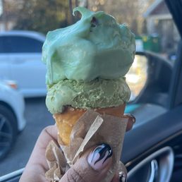 Pistachio and green tea ice cream on a pretzel cone Pistachio and green tea ice cream on a pretzel cone