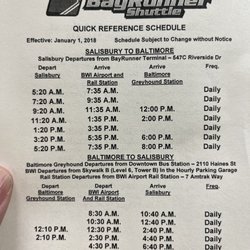 BayRunner Shuttle - Schedule of Pickup from Salisbury Maryland.