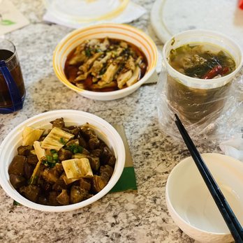 Sichuan House - Got steamed chicken with chili sauce (top left), mao's pork belly (bottom left) and stew fatty beef w chili soup (top right). - Chinese Near Me - Lafayette, Indiana
