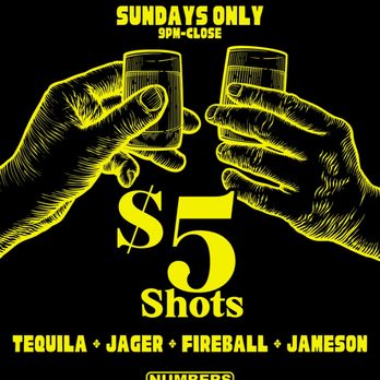 Numbers Cabaret - $5 Shots of Tequila, Jager, Fireball, and Jameson every Sunday all night from 9pm to close. - Dance Clubs Near Me - Vancouver, British Columbia Numbers Cabaret - $5 Shots of Tequila, Jager, Fireball, and Jameson every Sunday all night from 9pm to close. - Dance Clubs Near Me - Vancouver, British Columbia