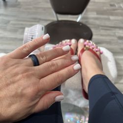 The Nail Spa - After! Couldn't be happier with this place! Dips done in funny bunny color. Toes white.