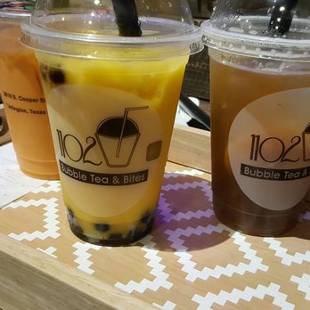 1102 Bubble Tea & Bites - Red Thai Milk tea, Mango Smoothie with Boba, and Peach Green Tea with White and Brown Boba - Desserts Near Me - Arlington, Texas