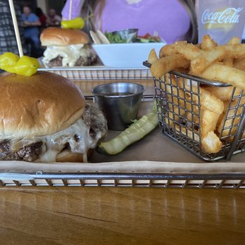 Hops Burger Bar - French Onion Burger with fries - Burgers Near Me - Greensboro, North Carolina Hops Burger Bar - French Onion Burger with fries - Burgers Near Me - Greensboro, North Carolina