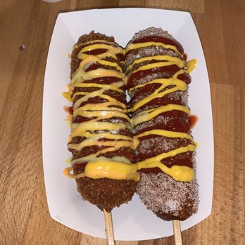 Seoul Hotdog - #3 mozzarella cheese (left) and #6 rice cake coated with sugar (right) - Hot Dogs Near Me - Berkeley, California