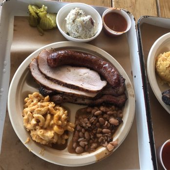 Stiles Switch BBQ & Brew - 3 meat plate: mild sausage, brisket and mild sausage - Barbeque Near Me - Austin, Texas