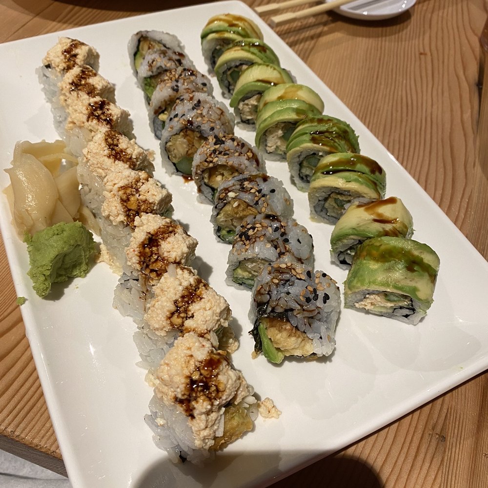 Hana - From the vegan/vegetarian friends and family menu for the soft opening. Golden roll, vegan shrimp tempura roll, and friendly dragon roll - Asian Fusion Near Me - Johnson City, Tennessee Hana - From the vegan/vegetarian friends and family menu for the soft opening. Golden roll, vegan shrimp tempura roll, and friendly dragon roll - Asian Fusion Near Me - Johnson City, Tennessee