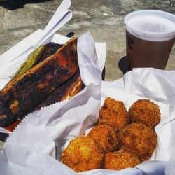 Troy Pig Out - From Capital Q - Memphis style short ribs & croquettes with a Saranac blueberry beer. Yum! #PigOut2015