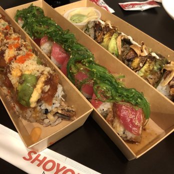 Shoyou Sushi - Shrimp tempura, Hawaiian Ahi, and Black Dragon Rolls (L to R) - Sushi Bars Near Me - Baltimore, Maryland Shoyou Sushi - Shrimp tempura, Hawaiian Ahi, and Black Dragon Rolls (L to R) - Sushi Bars Near Me - Baltimore, Maryland