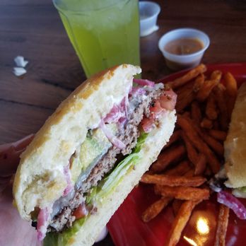 Red Rabbit Grill - Avocado provolone burger with sweet potato fries on ciabatta. - American Near Me - Rexburg, Idaho Red Rabbit Grill - Avocado provolone burger with sweet potato fries on ciabatta. - American Near Me - Rexburg, Idaho