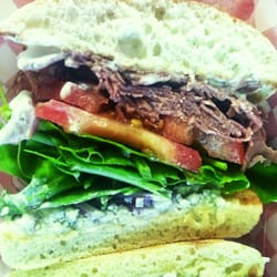 R&B sandwich with roast beef, blue cheese, spinach and more