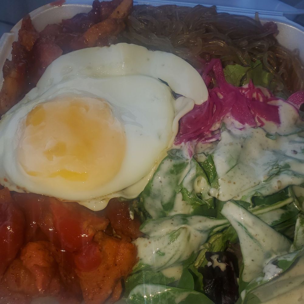 The Angry Korean - Spicy chicken with noodles and fried egg. - Korean Near Me - Midvale, Utah The Angry Korean - Spicy chicken with noodles and fried egg. - Korean Near Me - Midvale, Utah