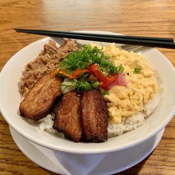 Koko Head Cafe - Don Buri Chen - miso smoke pork, five spice pork belly, French-style scrambled eggs, house-made pickles, chicharron, sushi rice - Breakfast & Brunch Near Me - Honolulu, Hawaii
