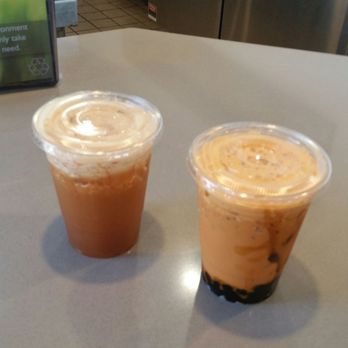 Chaca Tea Bar - Mango black tea on the left ,and a Thai tea with boba on the right side . - Coffee & Tea Near Me - Redlands, California