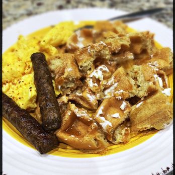 Eggs Up Grill - Waffle eggs scrambled & sausage - American Near Me - Canton, Georgia