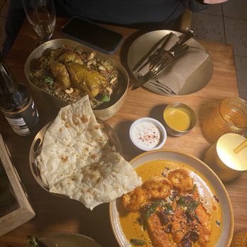 Pippal - Cornish Hen Biryani, Fish and Shrimp curry and butter naan - Indian Near Me - Emeryville, California