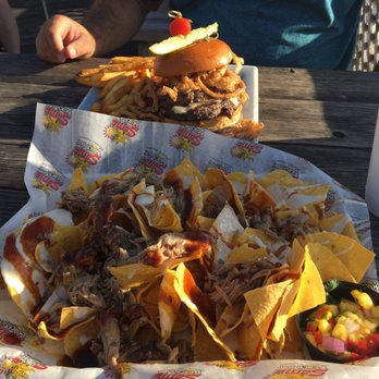 Sam's Beach Bar - Eddie's Burger and BBQ pulled pork nachos - Seafood Near Me - Hudson, Florida Sam's Beach Bar - Eddie's Burger and BBQ pulled pork nachos - Seafood Near Me - Hudson, Florida