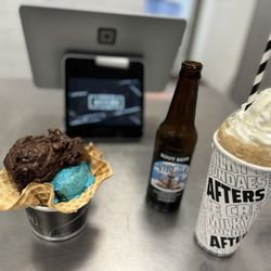 Afters Ice Cream - Double scoop waffle bowl (killer brownie and Cookie Monster), & the Madagascar vanilla root beer float.